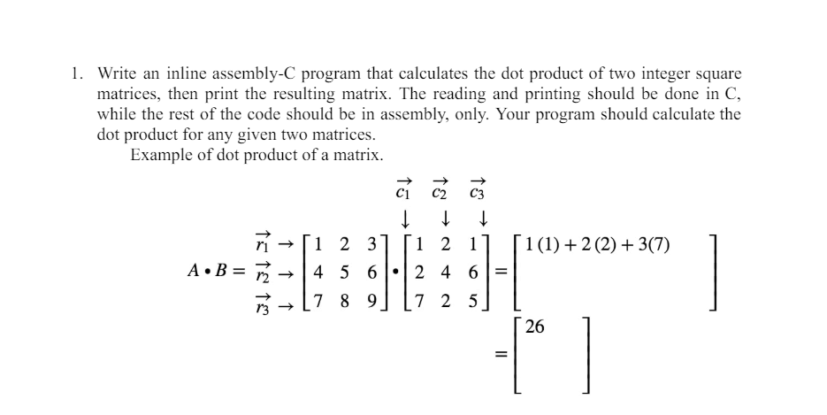  Write an inline assembly-C program that calculates the dot product of