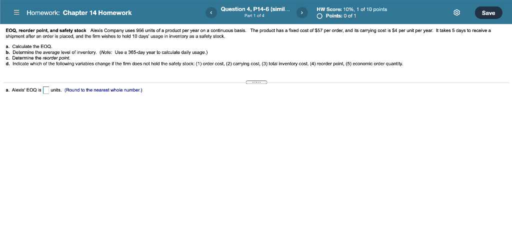  = Homework: Chapter 14 Homework Question 4, P14-6 (simil... Part 1