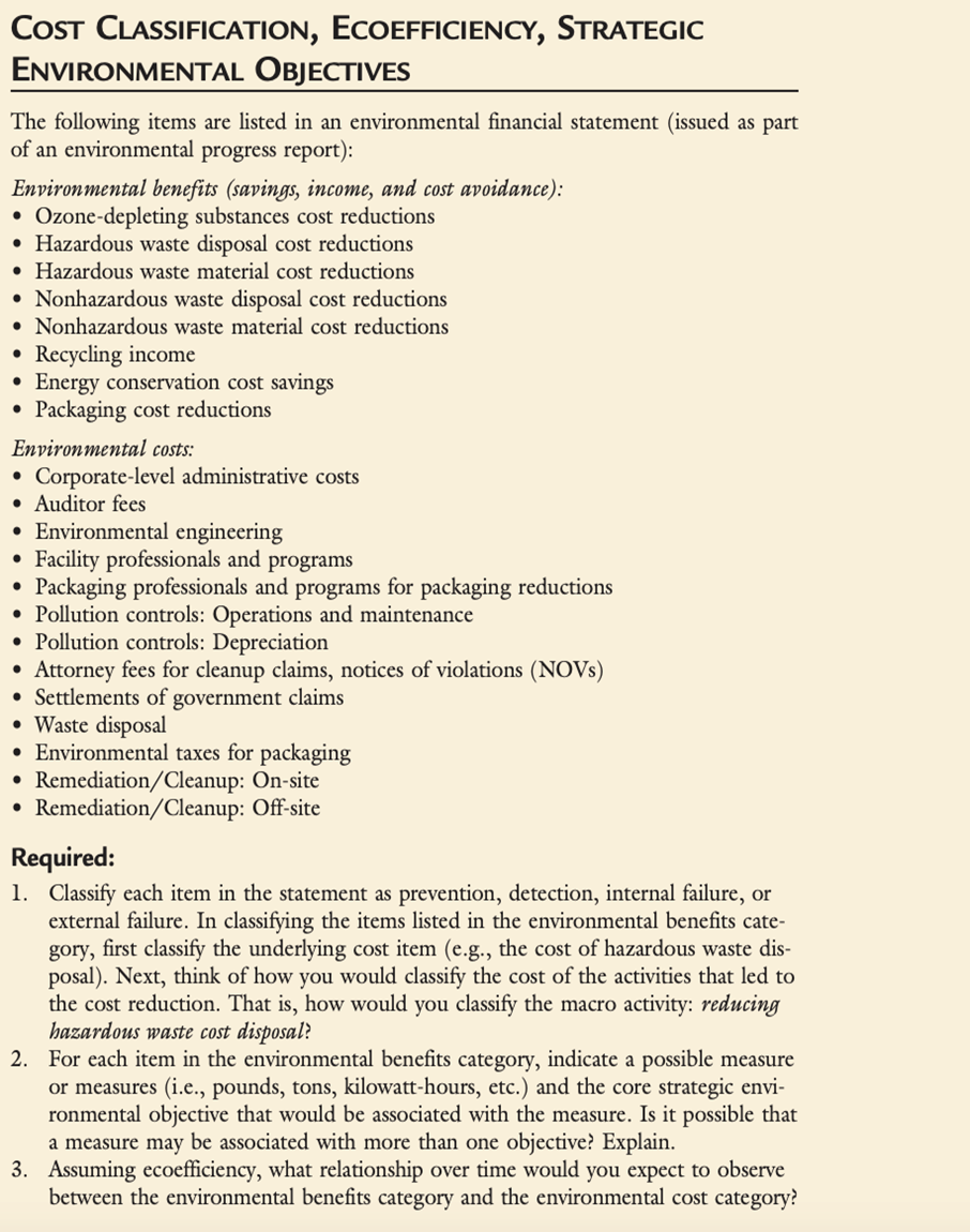  . Cost CLASSIFICATION, ECOEFFICIENCY, STRATEGIC ENVIRONMENTAL OBJECTIVES The following items are