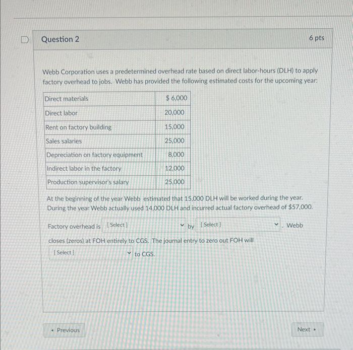 PLEASE HELP ME QUICK Webb Corporation uses a predetermined overhead rate based