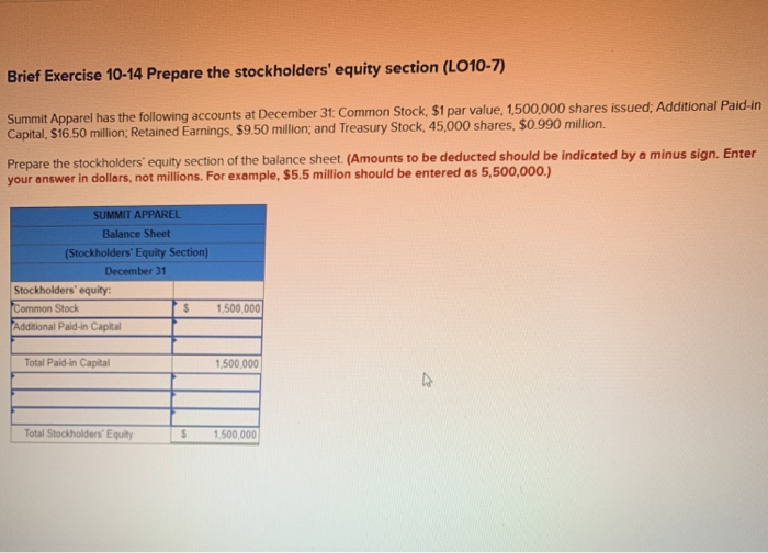  Brief Exercise 10-14 Prepare the stockholders' equity section (LO10-7) ock, S1