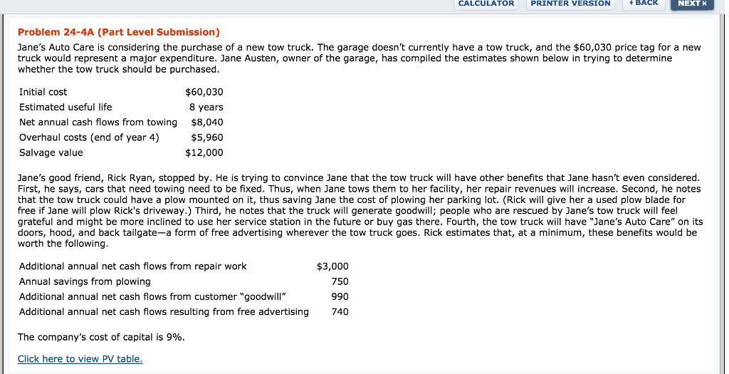  CALCULATOR PRINTER VERSION BACK NEXT Problem 24-4A (Part Level Submission) Jane's