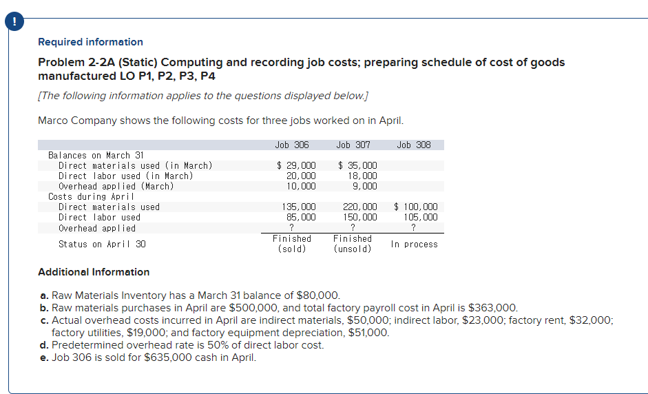  ! Required information Problem 2-2A (Static) Computing and recording job costs;
