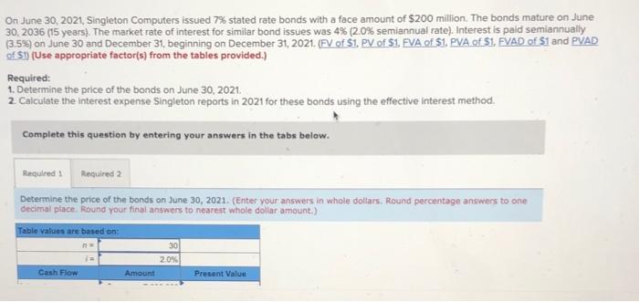  On June 30, 2021, Singleton Computers issued 7% stated rate bonds