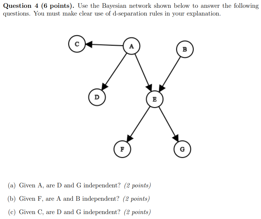  Question 4 ( 6 points). Use the Bayesian network shown below