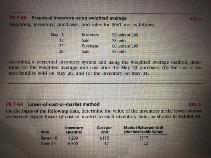  PE 7-4A Perpetual inventory using weighted average Beginning inventory, purchases, and