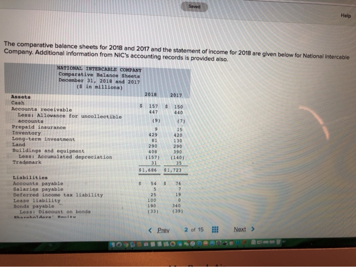  Help The comparative balance sheets for 2018 and 2017 and the