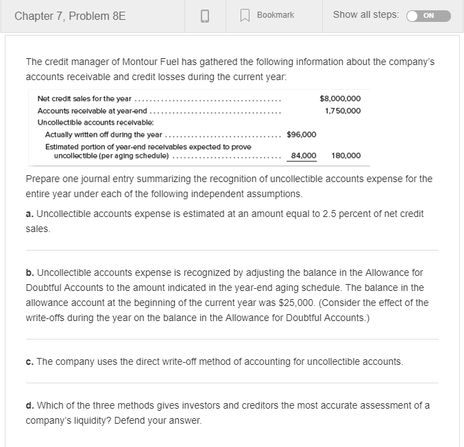  Chapter 7, Problem 8E Bookmark Show all steps: ON The credit