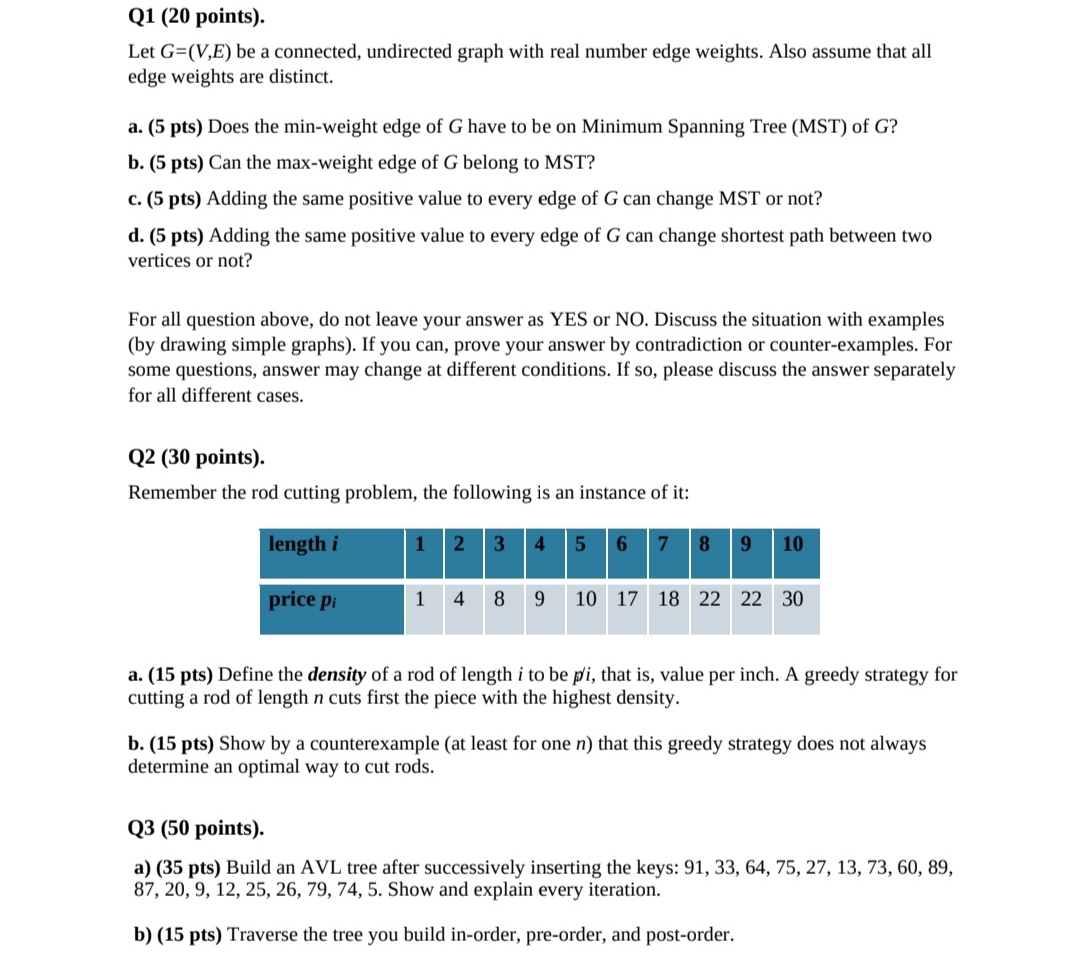  Q1(20 points). Let G=(V,E) be a connected, undirected graph with real