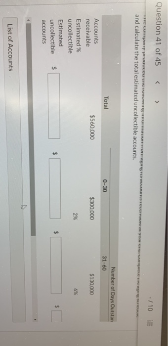 Complete the aging schedule and calculate the total estimated uncollectible accounts. Number