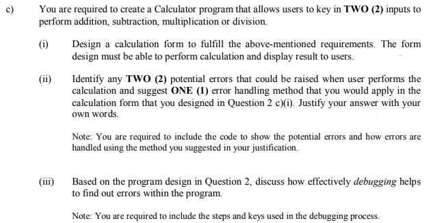  ASP.NET coding c) You are required to create a Calculator program