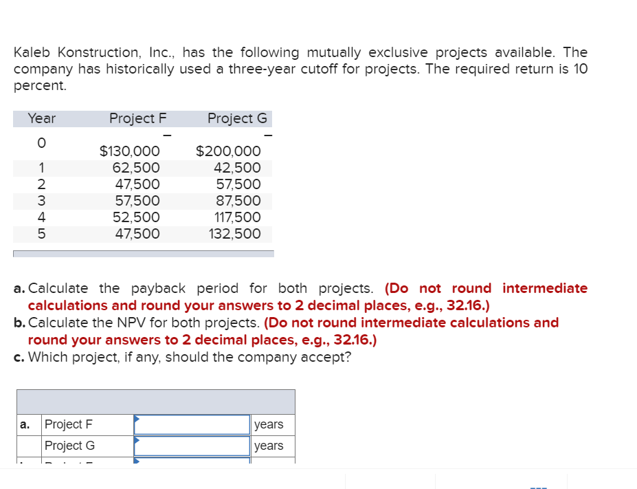 Kaleb Konstruction, Inc., has the following mutually exclusive projects available. The