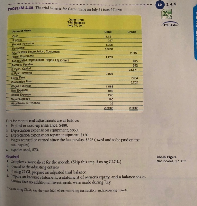  3, 4, 5 PROBLEM 4-4A The trial balance for Game Time