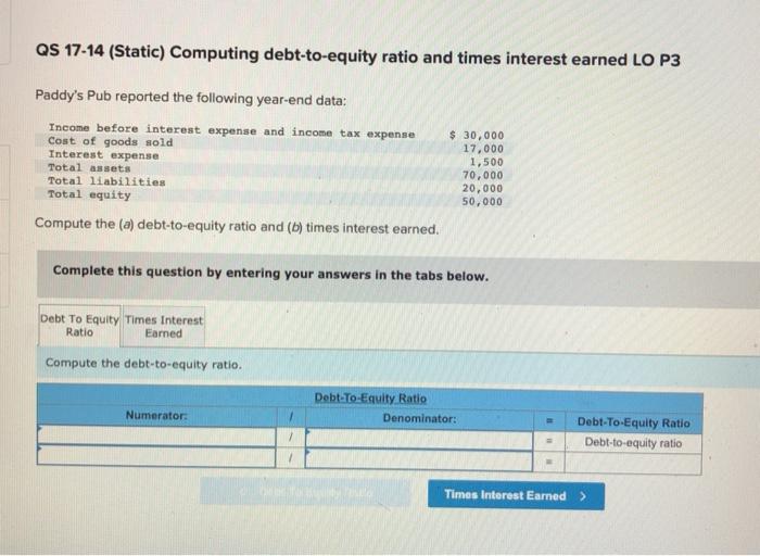  QS 17-14 (Static) Computing debt-to-equity ratio and times interest earned LO