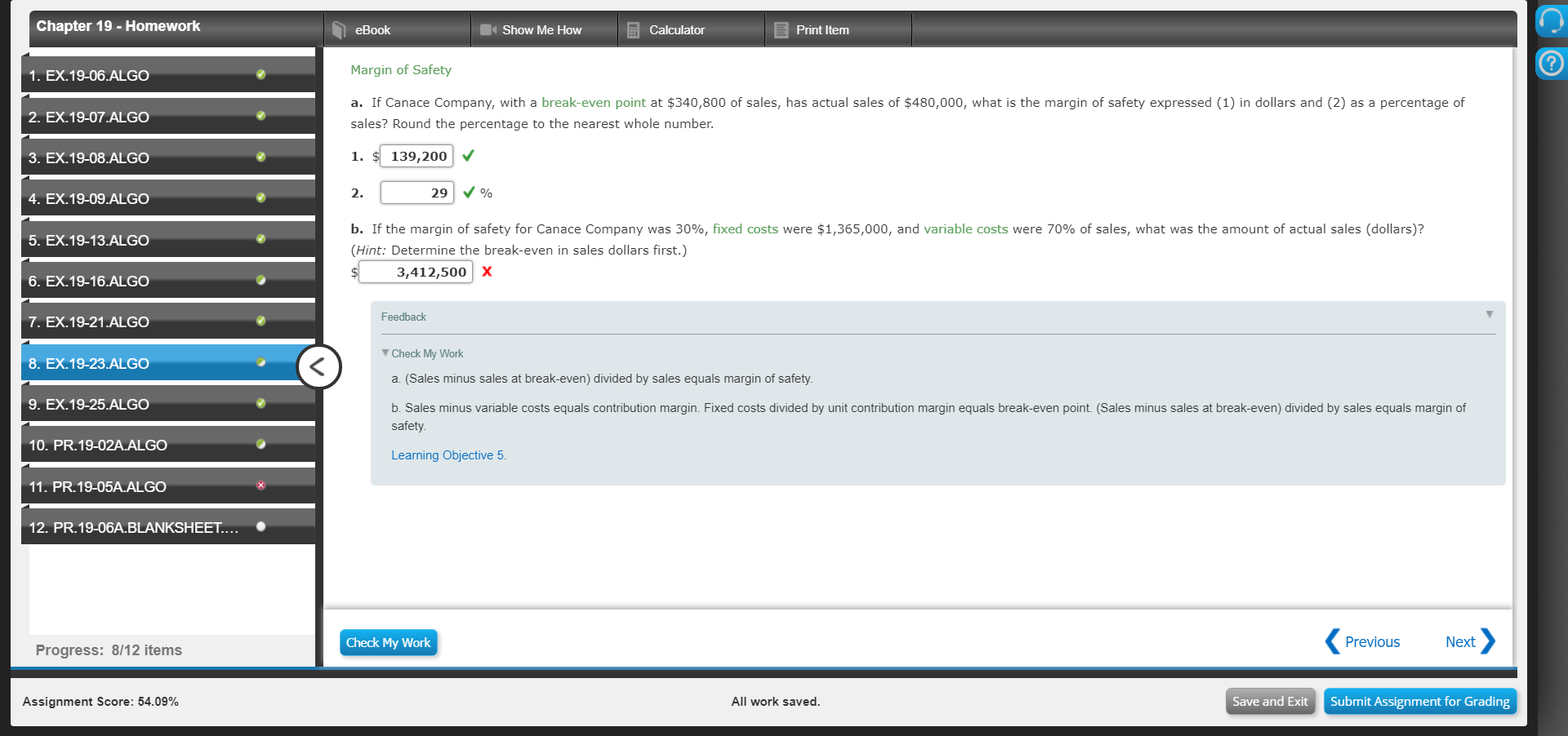  Chapter 19 - Homework eBook Show Me How Calculator Print Item