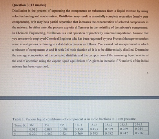  Question 3[12 marks] Distillation is the process of separating the components