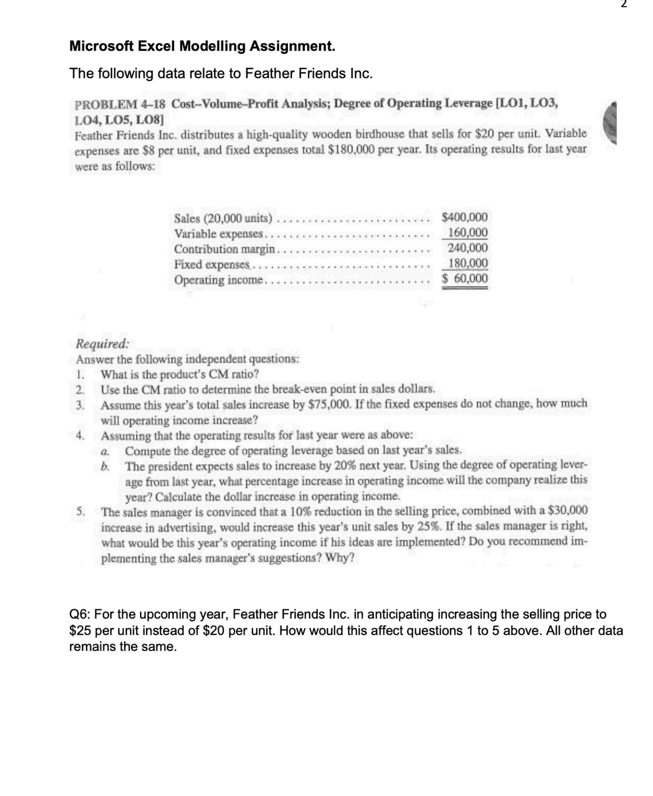  Microsoft Excel Modelling Assignment. The following data relate to Feather Friends
