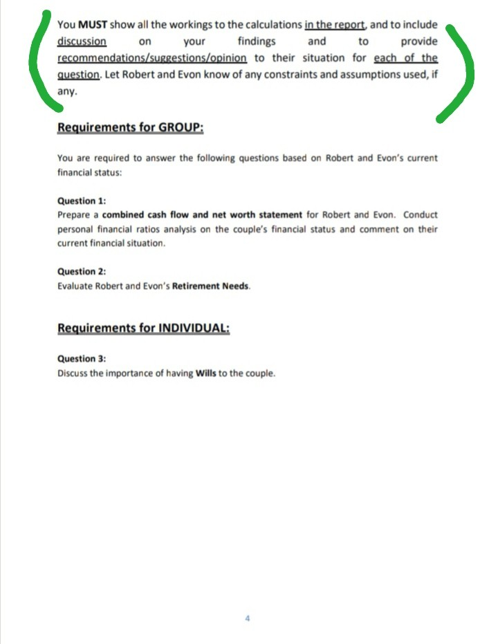 and to provide recommendations/suggestions/opinion to their situation. No need calculations for Question