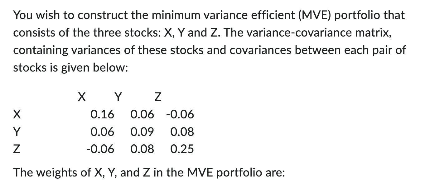 You wish to construct the minimum variance efficient (MVE) portfolio that