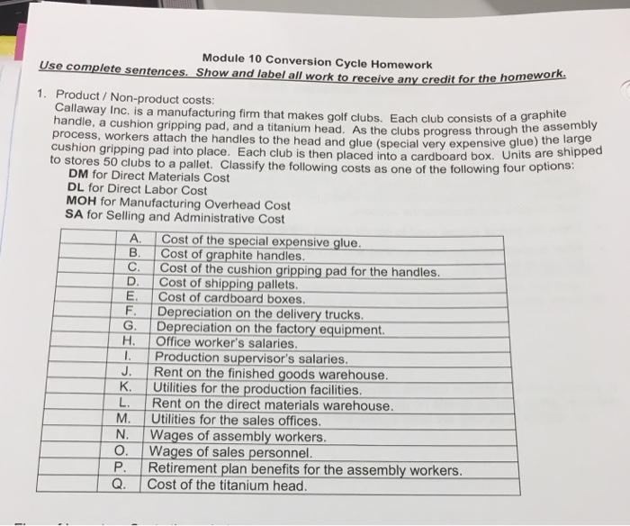  Module 10 Conversion Cycle Homework Use complete sentences. Show and label