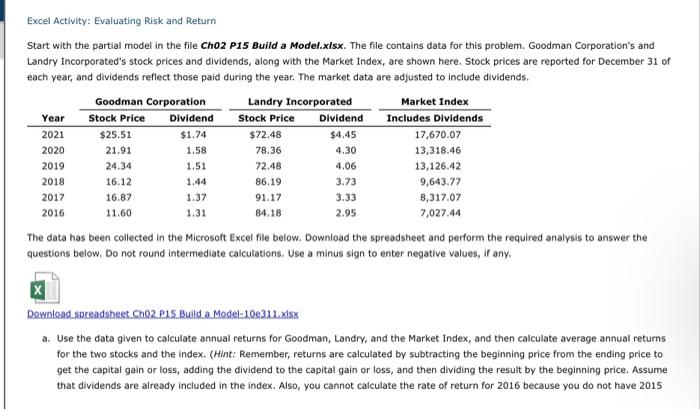  Excel Activity: Evaluating Risk and Return Start with the partial model