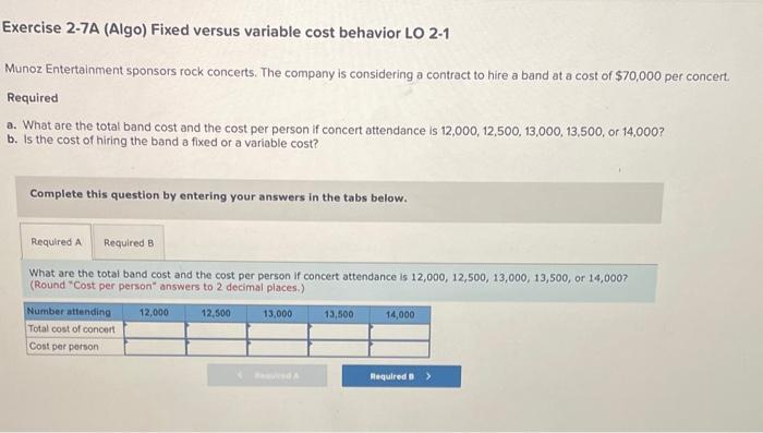  Exercise 2-7A (Algo) Fixed versus variable cost behavior LO 2-1 Munoz