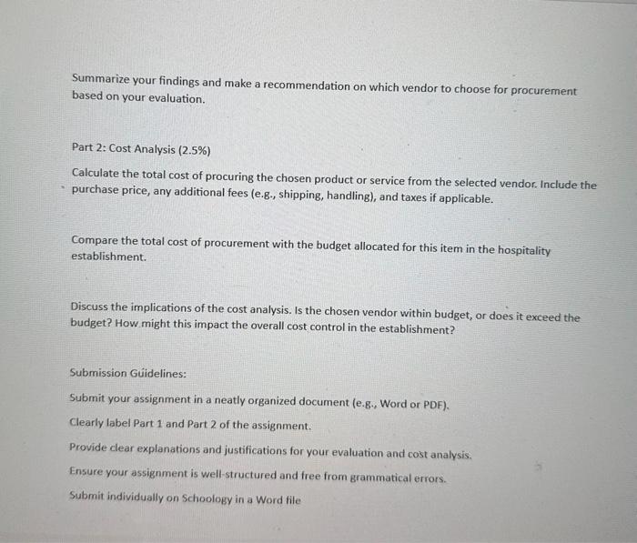 importance of vendor evaluation and cost analysis in procurement for a hospitality