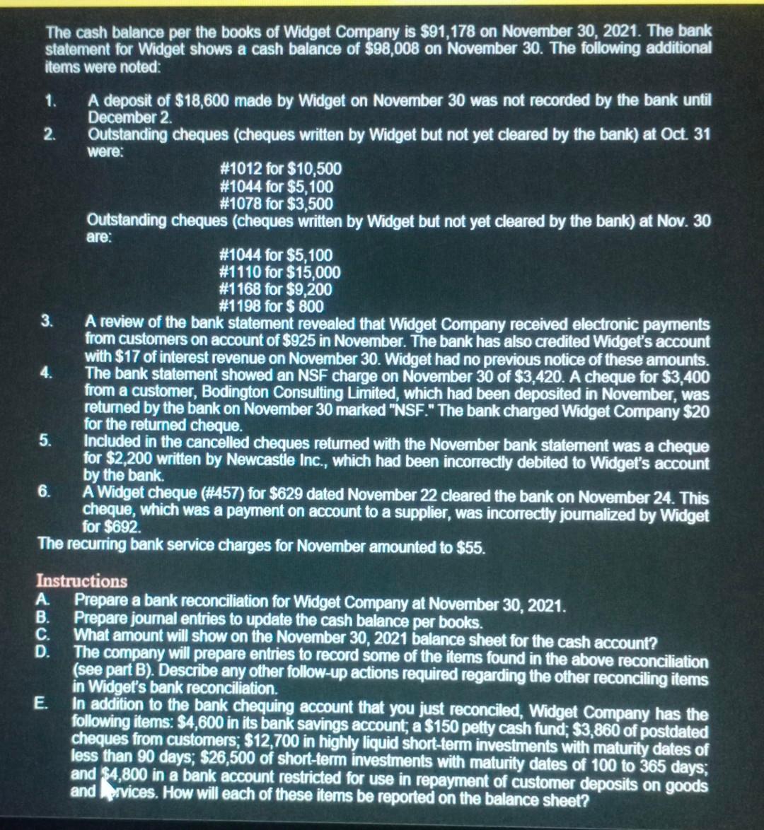 need answer for part "E". The cash balance per the books