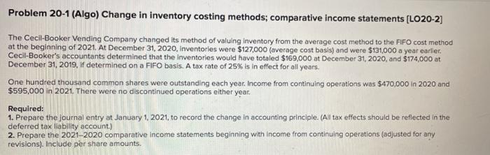  Problem 20-1 (Algo) Change in inventory costing methods; comparative income statements