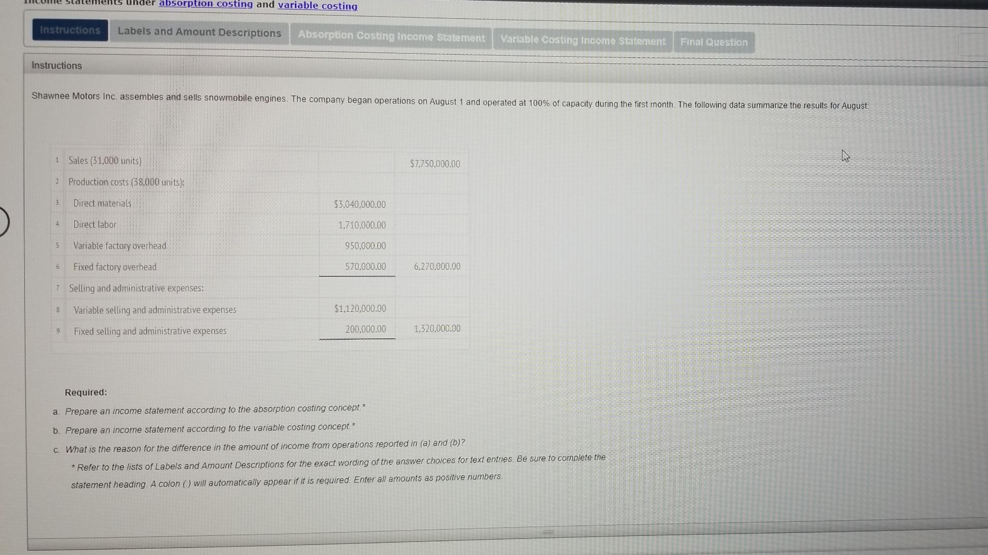  der absorption costing and variable costing Instructions Labels and Amount Descriptions