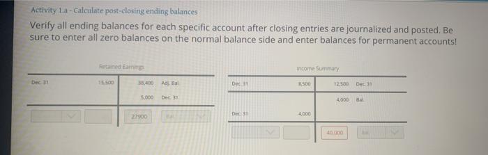  Activity 1. - Calculate post-closing ending balances Verify all ending balances