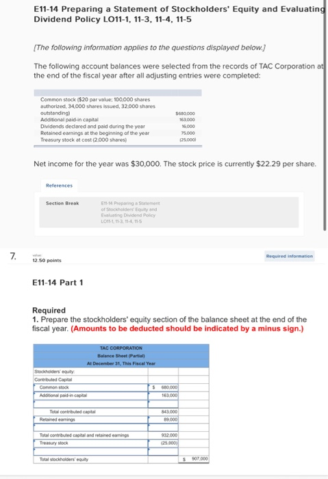  E11-14 Preparing a Statement of Stockholders' Equity and Evaluating Dividend Policy
