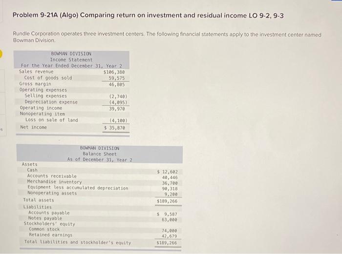 Need help with questions C, D, & E Problem 9-21A (Algo) Comparing