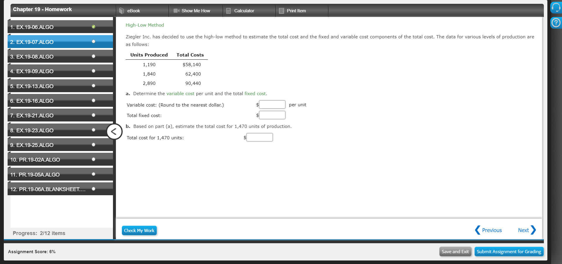 Chapter 19 - Homework eBook Show Me How Calculator Print Item