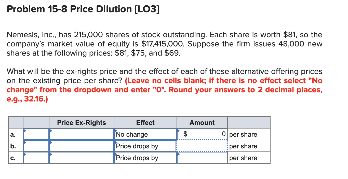  YO HELP Problem 15-8 Price Dilution (LO3] Nemesis, Inc., has 215,000