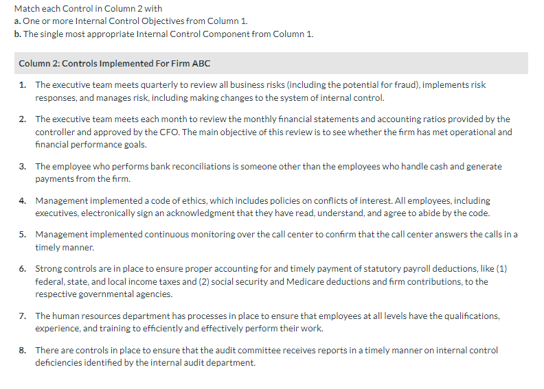 Match each Control in Column 2 with a. One or more