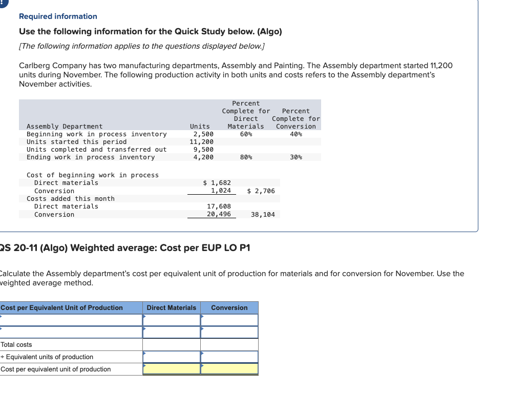  Required information Use the following information for the Quick Study below.