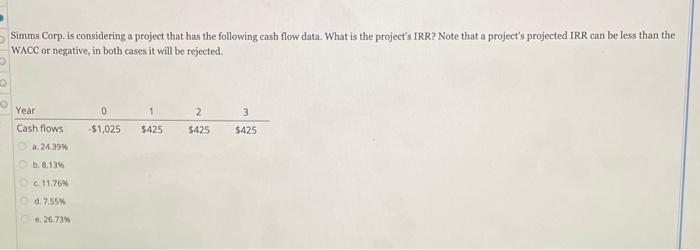  Simms Corp. is considering a project that has the following cash