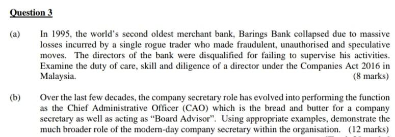  Question 3 (a) In 1995, the world's second oldest merchant bank,
