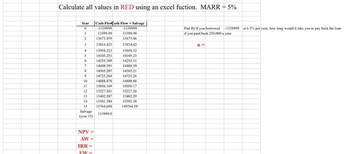 USING EXCEL Calculate all values in RED using an excel fuction. MARR=5%