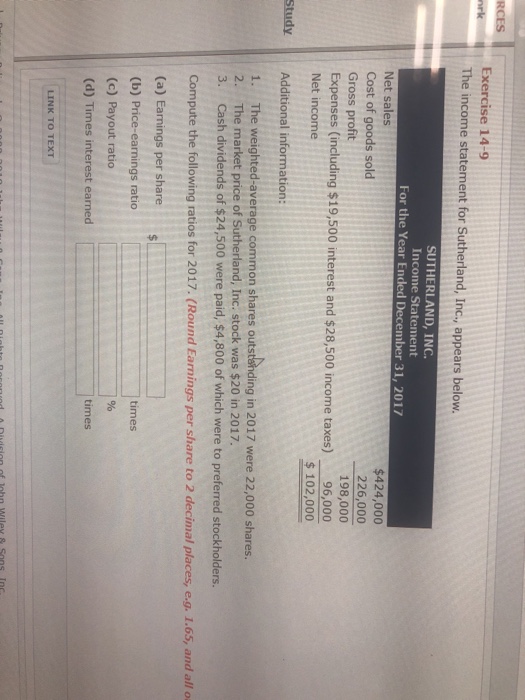  Exercise 14-9 The income statement for Sutherland, Inc., appears below. SUTHERLAND,