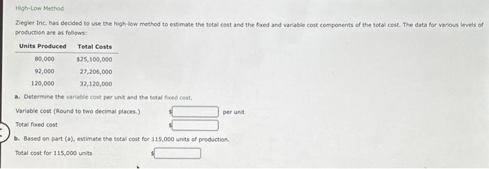  Ziegler inc. has decided to use the high-low method to estimate