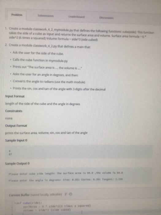  Please use python idle format Problem Leaderboard Dicussion 1. Create a