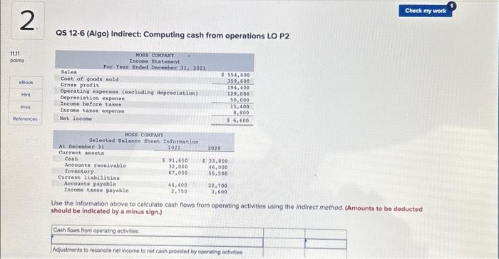  QS 12-6 (Algo) Indirect: Computing cash from operations LO P2 Use