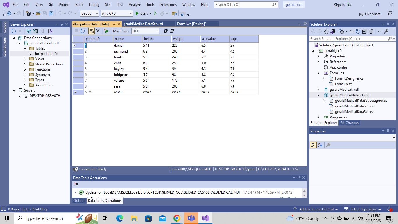 a database named lastnameMedical.mdf. The database should have a table named patientInfo,