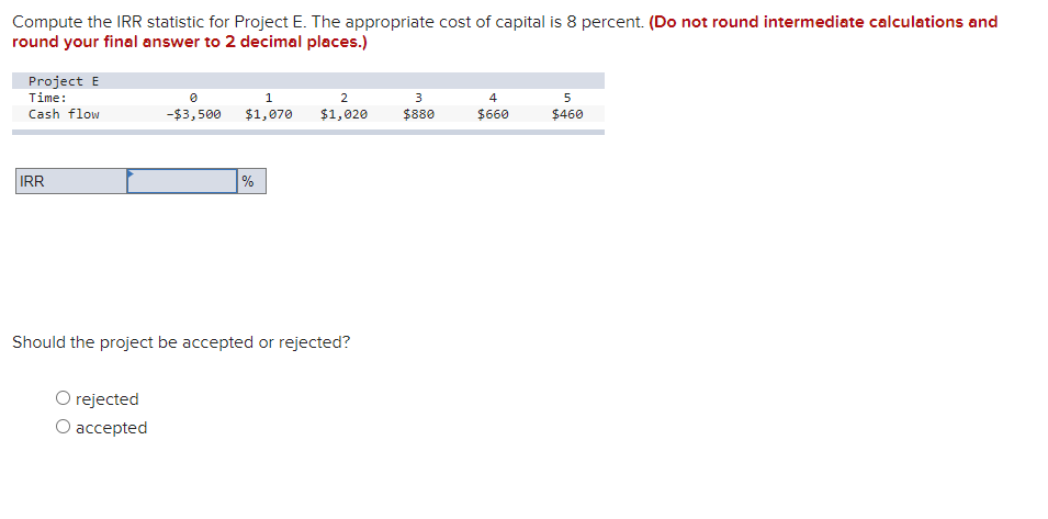 Compute the IRR statistic for Project E. The appropriate cost of