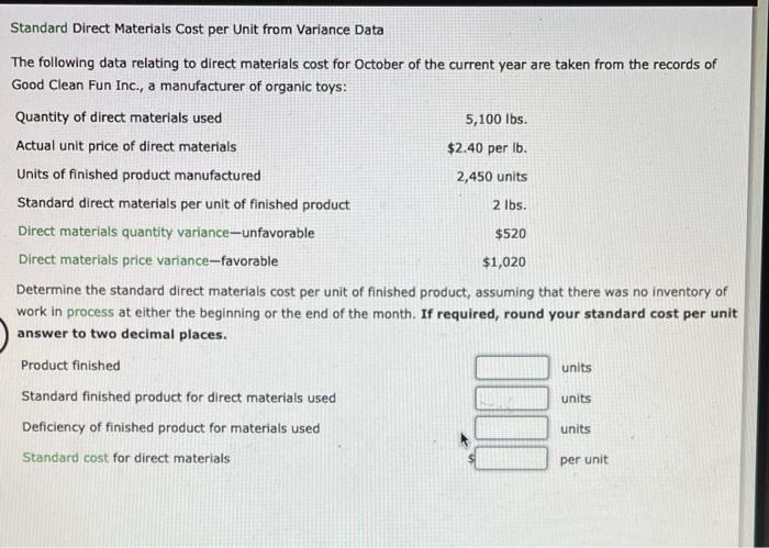  Standard Direct Materials Cost per Unit from Variance Data The following