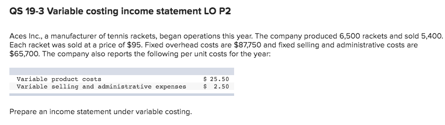 QS 19-3 Variable costing income statement LO P2 Aces Inc., a