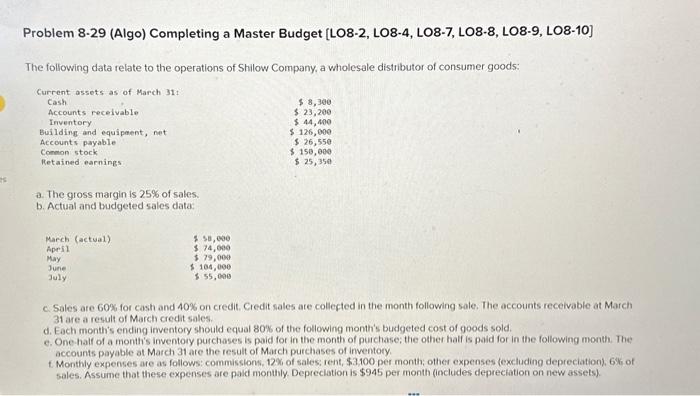  Problem 8-29 (Algo) Completing a Master Budget [LO8-2, LO8-4, LO8-7, LO8-8,