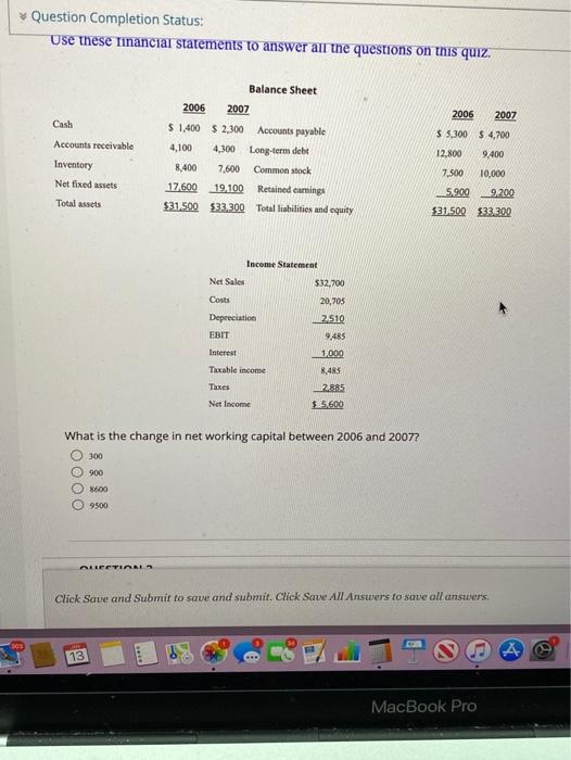  Question Completion Status: Use these financial statements to answer all the